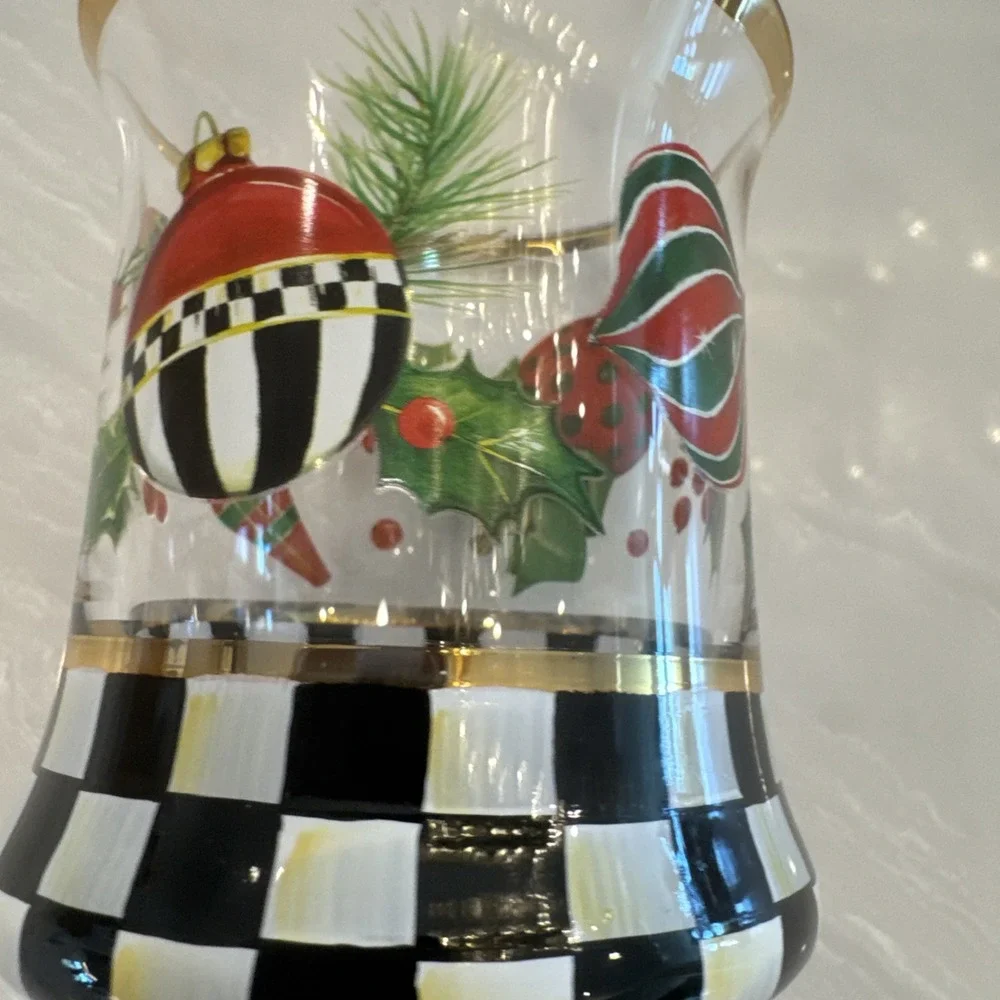 MacKenzie-Childs Deck the Halls Tumblers Set 2 Gold Rim Glass 8oz NEW